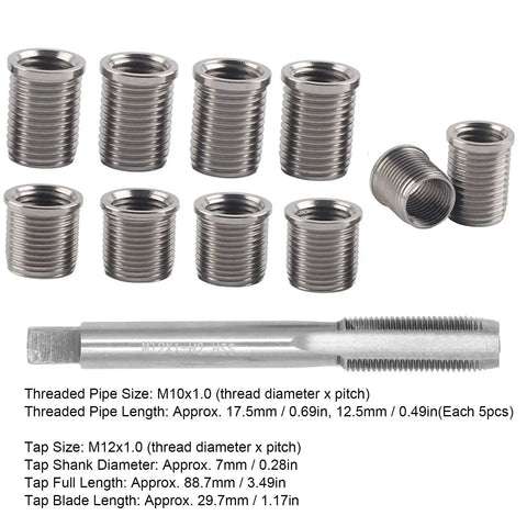 Spark Plug Thread Repair Kit Universal Reamer and Tap Set with stainless steel M10x1.0 bolts and M12x1.0 tap.