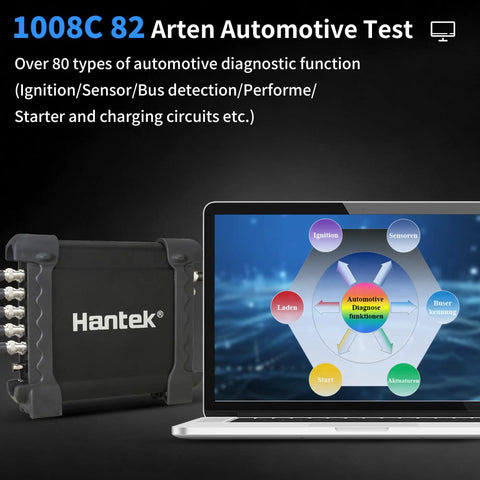 8 Channel USB Automotive Diagnostic Oscilloscope With DAQ And Programmable Signal Generator For Cars And Trucks, Real Time Waveforms, Ignition, Sensor And Bus Diagnostics, Probes Included next to a laptop displaying diagnostic software interface.