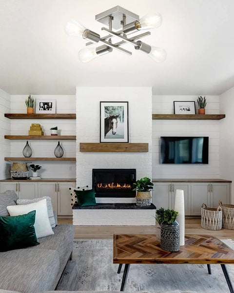 Living room with 4 Light Semi Flush Mount Ceiling Light In Brushed Nickel No-Fuss Install Modern Close-To-Ceiling Fixture