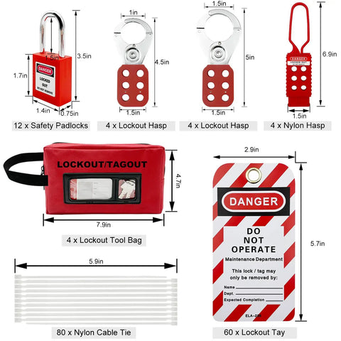 Four In One Lockout Tagout Kit For Electrical And Mechanical Safety Boss Level OSHA Compliant with padlocks, hasps, tags, ties, pouch