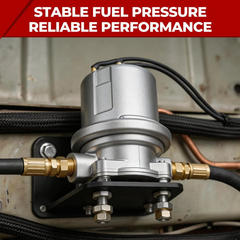 12V Inline Fuel Pump High Flow 50GPH Universal 4-6 PSI installed on carbureted engine with 1/4 Inch NPSF Ports