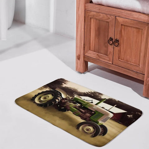 Thick Soft Absorbent Old Tractor Photo Farm Bath Rugs For Bathroom Mats with Non Slip Backing in a farmhouse bathroom setting