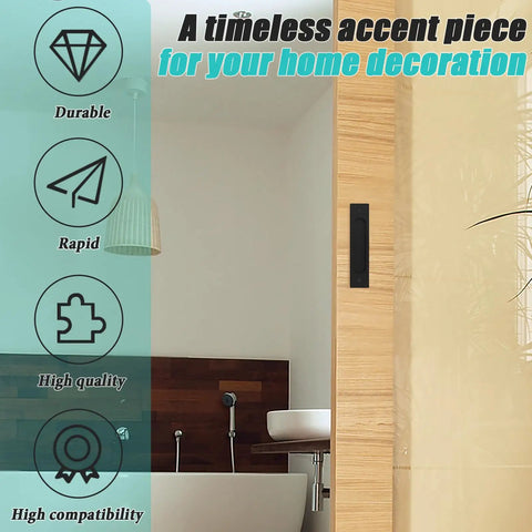 Two Pack Invisible Rectangular Recessed Drawer Pulls For Cabinets And Closets Pocket Sliding Closet Door Handle Finger Hidden Flush Hardware Matte Black 5.9 Inch Length 4.7 Inch Center Hole Spacing Includes Screws on wooden door with bathroom decor