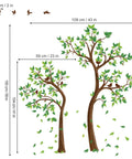 Green Tree Wall Stickers With Flying Leaves And Birds For Bedroom And Living Room TV Background Decor Waterproof And Easy To Peel Removable Wall Decals That Create A Bright Nature Inspired Space Vibe, showing dimensions and details.