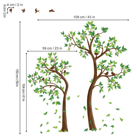Green Tree Wall Stickers With Flying Leaves And Birds For Bedroom And Living Room TV Background Decor Waterproof And Easy To Peel Removable Wall Decals That Create A Bright Nature Inspired Space Vibe, showing dimensions and details.