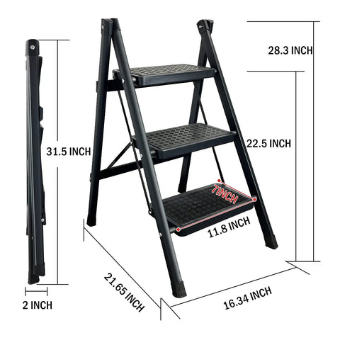 3 Step Folding Ladder Step Stool With Wide Anti Slip Pedal Portable Sturdy Steel Frame Built To Last 200 Lbs Capacity