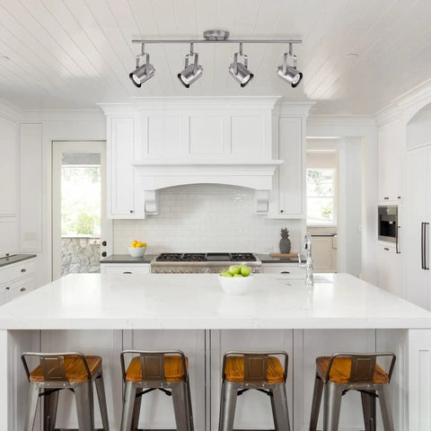 Westmore 4 Light Track Lighting System In Brushed Nickel Finish Modern Industrial Style Four Independently Adjustable Heads To Direct Light Exactly Where You Need It Sleek Bar Connector Setup in a kitchen