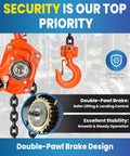 Close-up of Three Quarter Ton Manual Ratchet Lever Hoist Workhorse with hook and double-pawl brake features in focus.