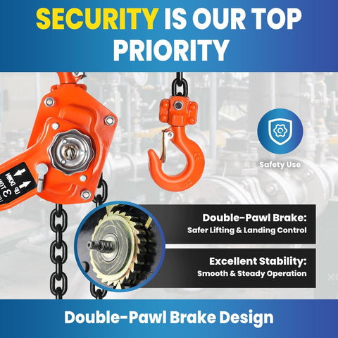 Close-up of Three Quarter Ton Manual Ratchet Lever Hoist Workhorse with hook and double-pawl brake features in focus.