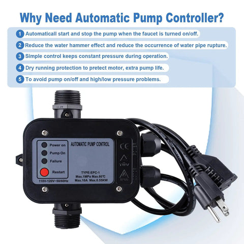 Front view of Water Pump Pressure Controller With Automatic Electronic Switch, Easy Plug-And-Play 110-120V, buttons and cables visible