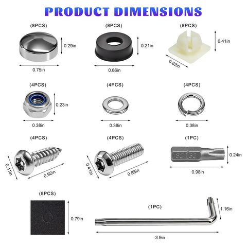 Heavy Duty Anti Theft License Plate Screw Kit parts including screws, nuts, washers, and tools for secure car tag installation.
