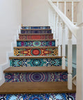 14 Strips Stair Riser Stickers Peel N Stick Self Adhesive Vinyl Stair Risers Staircase Murals Decals Decor For Steps Mandala Style 39.37x7.09"