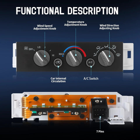 HVAC Air Conditioning Climate Control Panel For 1996 Through 2000 Chevy GMC Full Size Trucks And SUVs C1500 C2500 C3500 Suburban Tahoe Yukon Cadillac Escalade Without Rear Window Defogger Replace 599007 showing front and back views with knobs and pins