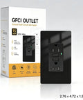 Sleek Black GFCI Outlet 15 Amp GFI Electrical Receptacle with packaging, showcasing heavy-duty black design for kitchen use.