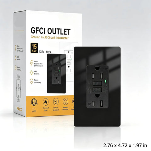 Sleek Black GFCI Outlet 15 Amp GFI Electrical Receptacle with packaging, showcasing heavy-duty black design for kitchen use.