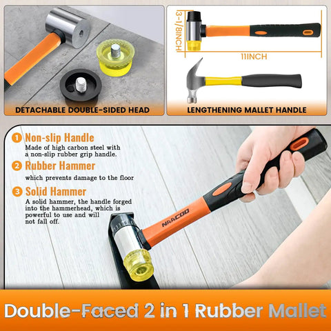 Universal Floor Installation Kit For Laminate And Vinyl Flooring With Tapping Block, double-sided rubber mallet with non-slip handle.