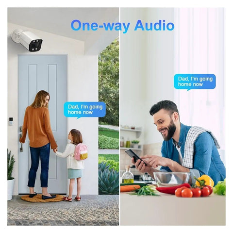 Kickass Outdoor POE IP Security Camera With 8MP 4K Resolution and Smooth H265 Encoding For Crisp Night Vision Plus AI Humanoid Detection and Vandal Proof Metal Build For Zero Hassle Surveillance showing one-way audio feature with mother and child.