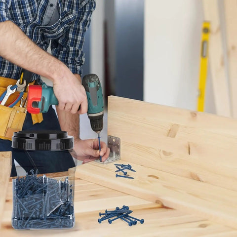 Using Blue Anti Rust Pocket Hole Screws Two And A Half Inch 300 Piece Set for outdoor wood joinery with a drill.