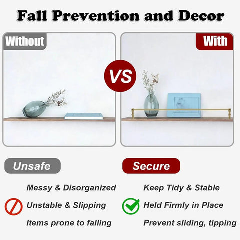 Comparison of shelf decor with and without Built Tough Solid Brass Shelf Rail Kit With Spindles Adjustable Anti Fall Guard Fence.