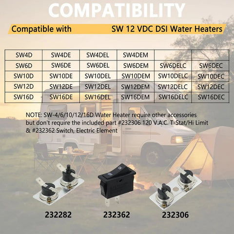 Top Travel Trailer Water Heater Repair Kit With Control Board Thermo Assemblies Electrode And Rocker Component For 12V Systems compatibility chart with part numbers.