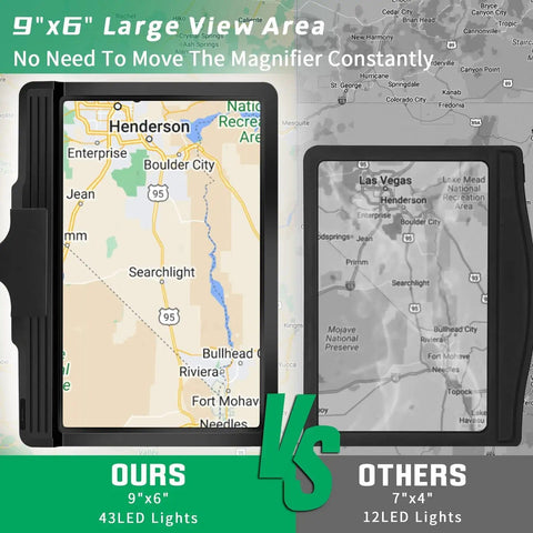 Comparison of All In One Floor Magnifier With Light 5X Rechargeable On Stand 43 LED and 7x4 inch 12 LED magnifier maps