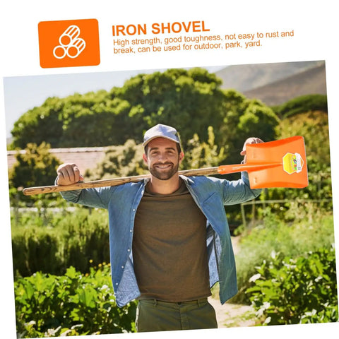 Heavy Duty Garden Shovel For Digging And Trenching displayed in garden with orange handle, held by a person smiling outdoors