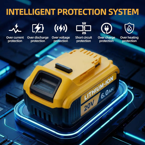 Rugged 6.0Ah 20 Volt Rechargeable Battery 2 Pack Compatible With DeWalt Power Tools And Fast Chargers Replace DCB206 DCB205, showcasing intelligent protection system.