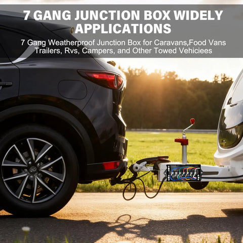 Plug And Play 4 Foot 7 Way Trailer Plug With Junction Box Kit Pure Copper Wiring Harness Weather Tight Connectors For RV Camper Pickup Truck Boat Hauling attached to a vehicle.