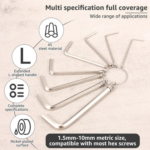 Super Tough 8Pcs Metric Hex Key Set With Handy Keyring, Heavy Duty L Shape Allen Wrenches, Nickel Plated Ratchet Drivers, 1.5mm-10mm, 45 steel
