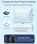 Ultra Compact Cooling Memory Foam Travel Pillow with dimensions and compression bag for easy portability