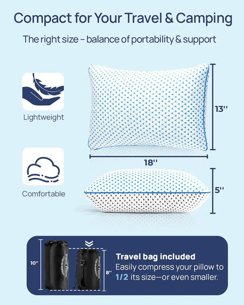 Ultra Compact Cooling Memory Foam Travel Pillow with dimensions and compression bag for easy portability