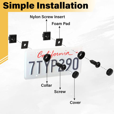 No Sweat Heavy Duty Tamper Proof License Plate Screws Set With Security Hex Buttons And Included Tool to install license plates.