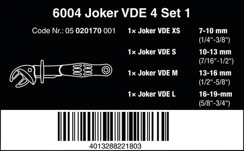 Image showing 6004 Joker VDE 4 Set 1 with sizes, product code, and barcode for Joker VDE 4 Piece Insulated Screwdriver Set For Electrical Work