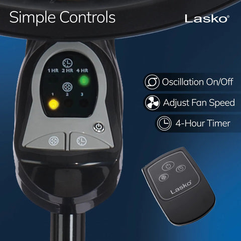 Oscillating Cyclone Pedestal Fan With Remote control panel, showing oscillation, speed settings, and 4-hour timer options.