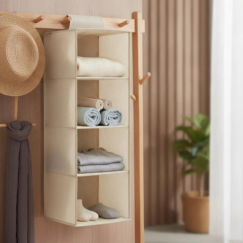Vertical Hanging Closet Shelf Organizer Multi Tier Open Compartments Hella Efficient Linen Sock Towel Storage No Drilling Needed Super Easy Access To Maximize Closet Height with folded clothes and towels