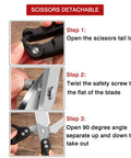 Steps showing how to detach heavy duty poultry shears and kitchen scissors two pack for chicken turkey meat and herbs vegetables