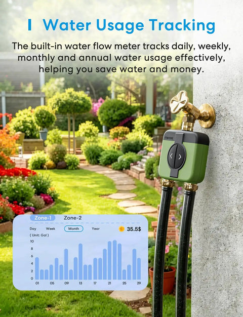 WiFi Hose Timer For Garden With 2 Zone Control, Brass Inlet And Outlet attached to garden faucet, flower garden in background