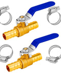 Beefy 2 Pack 3 Quarter Inch Heater Hose Shut Off Ball Valve With Barbed Fittings And Stainless Steel Clamps shown