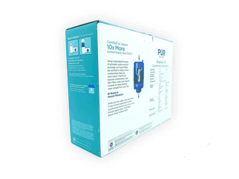 Side view of a box for Faucet Mount Replacement Filter 5 Pack With Mineral Clear Design, detailing purification capabilities.