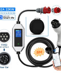 Heavy Duty Portable EV Charger 22kW 32A Three Phase Type Two Connector, 5m cable, app control, user-friendly design.