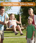 Family playing on outdoor and indoor wooden swing for adults and kids with adjustable hemp rope and tree straps, 24 by 8 by 1.2 inch wood seat.