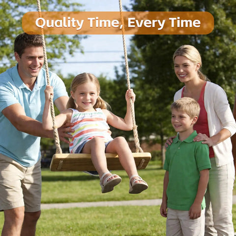 Family playing on outdoor and indoor wooden swing for adults and kids with adjustable hemp rope and tree straps, 24 by 8 by 1.2 inch wood seat.