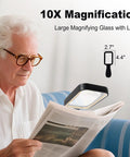 Senior using 10X Lighted Magnifier With Rechargeable Battery, 3 Color Modes, Handy Rectangular Lens For Seniors And Low Vision.