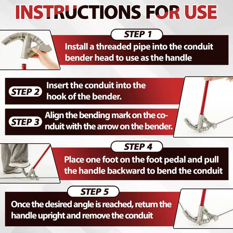 Instructions for use of 1 Inch Aluminum EMT Conduit Bender With Foot Pedal And Degree Marks Heavy Duty Manual Pipe Bending Tool.