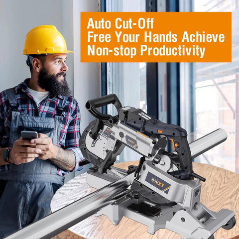 2-In-1 Band Saw With Table Saw Base, 10 Amp Portable Metal And Wood Cutter, Deep 5 Inch Cut, Lightweight Aluminum Body, Variable Speed, Handheld Do It All Saw With Rolling Base For Easy Mobility, shown cutting metal pipe.