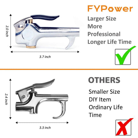 Comparison of heavy duty blow gun in 22 Piece Air Compressor Accessory Kit vs smaller DIY model highlighting size and durability differences