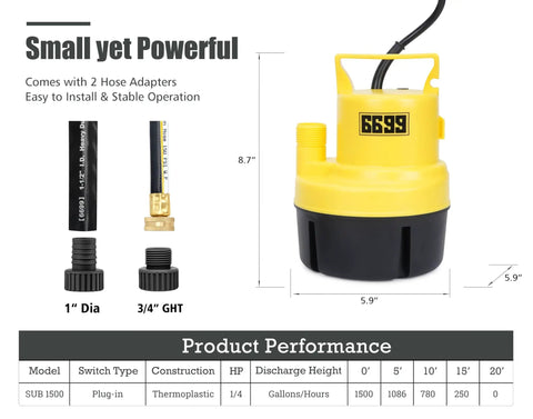 Heavy Duty Submersible Sump Pump One Quarter HP 1500 GPH Portable Water Transfer Pump with 10 Ft Cord, thermoplastic body