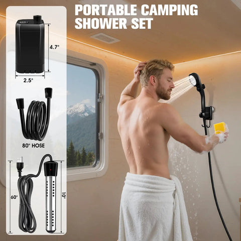 All In One Portable Shower With Heater For Camping And Hiking, 6000mAh Battery Powered displayed with man showering