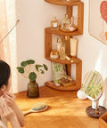 Solid Wood Corner Shelf For Desktop And Wall Mount Triangle Log Countertop Storage Space Saving Floating Bookshelf in use on desk.