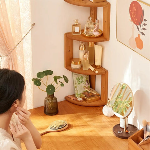 Solid Wood Corner Shelf For Desktop And Wall Mount Triangle Log Countertop Storage Space Saving Floating Bookshelf in use on desk.